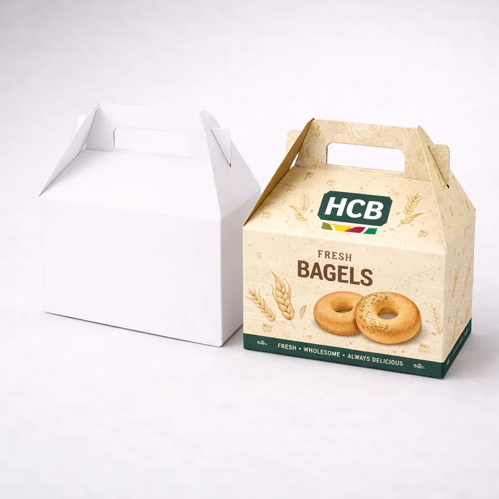 Two square cardboard cartons for bagel shipping, featuring a plain white and a colourful wholesale design. class=